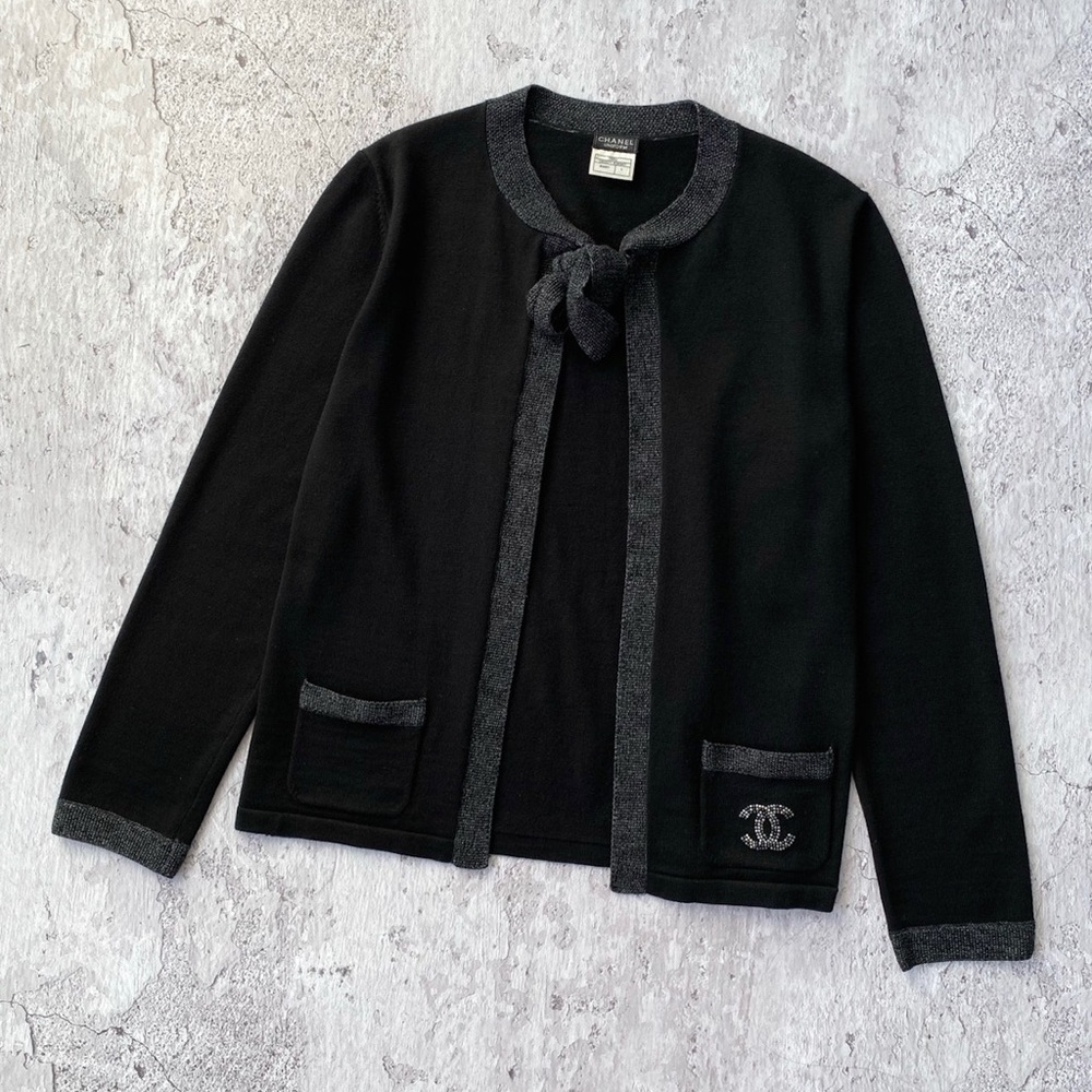 Chanel Black Wool Cardigan Uniform CC Logo Sweater